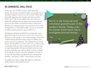 BIG COMMUNITIES, SMALL SPACES
As they age, Gen X will be living in urban spaces that
support not just their immediate families, pets and all, but an
extended community that acts as a life network. While they’re
financially supporting their younger and older extended
family, Gen X will see the stability they crave in finances
replaced by multigenerational support from living under the
same roof. The number of Americans living in homes that
include two or more generations has increased to 18.1% of the
US population, or 56.8 million people, up from an estimated
12 million people a generation ago in 1980 (Pew).
Developments designed specifically to accommodate many
generations under one roof, such as those built in Spanaway,
Washington, will emerge as a new urban landscape where Gen
X will live along with their young and grown children and
parents, and even, grandparents. The multigenerational living
trend is also spurred by communal child-rearing, which is said
to help shape kids into well-rounded humans. The older and
younger living together will spur new family structures and
behaviors. Grandma may make breakfast or dinner, and pick
up the kids from school, so her Gen X daughter can work to
pay for it all. Meanwhile, grandkids and pets will snapchat
grandma – and aunts or uncles – from summer day camp.
The adage that it takes a village still rings true, and in the
middle of that modern family is Gen X.
Gen X is the financial and
emotional powerhouse of the
modern family. Today, over
56 million Americans live in
multigenerational homes.
–Pew
Gen X @ 50 Copyright © 2016 sparks & honey. All rights reserved.
25
 