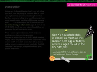 DON’T CALL ME SLACKER
Watching establishments crumble around them, Gen X were
instilled with a fierce independence and drive to do things
their own way. But their anti-authoritarian streak also caused
them to be misunderstood, and overlooked.
In the 2014 Frontline documentary on Millennials
“Generation Like,” many of the young people interviewed
admitted that they don’t know what the term “sell-out”
means. For Gen X viewers, this shows a definitive shift
in generational values. Selling out, or when someone
compromises their integrity for commercial advancement, was
considered so heinous an act for many Xers that it was even
sometimes synonymous with “success” itself.
This cultural tension presented this generation with a name
that has stuck: slacker. And for at least one iconic Gen X
spokesman, the term is falsely synonymous with lazy.
“Slacker means two different things to me and the rest of
the world,” director Richard Linklater told The Guardian.
The director of Dazed and Confused and the Oscar-winning
Boyhood explained the misconceptions around his generation’s
“slacker” label. They were really living two lives – caught
between low-paying, low-status jobs, which they had so that
they could fund what they really wanted to do.
Slacker was indicative of where Gen X was: misunderstood
and caught in the middle. And slacker was simply a label they
eschewed – like any other labels.
Don’t even call me...Gen X.
Only 41% of the Gen X age group actually identify as “Gen
X.” Almost a third (28%) say they’re Boomers, and 12% feel
like they’re Millennials. Leaving a blank space to be filled,
11% don’t know and eight percent don’t identify with any
generational group at all (MetLife).
Gen X have an aversion to
labels – only 41% actually
identify as “Gen X”
- MetLife
Gen X @ 50 Copyright © 2016 sparks & honey. All rights reserved.
8
 