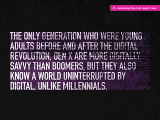 WHO’S THE BOSS? I AM.
As the latchkey kids grew up, their anti-authoritarian
streak and familiarity with winging it translated into an
independence and willingness to take risks in their adult
years. Dealing with uncertain outcomes is familiar territory
for this cohort, of which 40% say they are “high risk”
(Millennial Branding/Monster). This trait is also characteristic
of entrepreneurs who are not afraid of venturing into new
territory.
Gen X would prefer to work for themselves, and many did.
They became their own bosses: a whopping 41% of Gen
Xers consider themselves entrepreneurial, while 55% of
startup founders are part of Gen X (Sage). And as employees,
they’ve been touted as independent and happy to mentor
younger co-workers .
Gen Xers tend to want their jobs to have meaning, and
that resonates in their spare time, as 12.4 % of Gen
X identify themselves as politically active (s&h). This
is, after all, a political generation that started Act Up,
Queer Nation, that asked their universities to divest from
apartheid South Africa, and fought corporate power. Many
have folded in philanthropic work into their endeavors.
Xer Facebook COO Sheryl Sandberg has donated 290,000
shares of Facebook stock – a market value of roughly $31M
to multiple charities. Another Gen Xer, Twitter co-founder
Jack Dempsey, is serious about his platform’s use in helping
movements like #BlackLivesMatter communicate their
messages inward and outward.
of startup founders are Xers
- Sage
Gen X @ 50 Copyright © 2016 sparks & honey. All rights reserved.
9
 