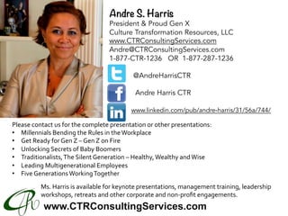 www.CTRConsultingServices.com
Please	contact	us	for	the	complete	presentation	or	other	presentations:	
•  Millennials	Bending	the	Rules	in	the	Workplace	
•  Get	Ready	for	Gen	Z	–	Gen	Z	on	Fire	
•  Unlocking	Secrets	of	Baby	Boomers	
•  Traditionalists,	The	Silent	Generation	–	Healthy,	Wealthy	and	Wise	
•  Leading	Multigenerational	Employees	
•  Five	Generations	Working	Together	
	
	Ms.	Harris	is	available	for	keynote	presentations,	management	training,	leadership	
	workshops,	retreats	and	other	corporate	and	non-proﬁt	engagements.	
Andre S. Harris
President & Proud Gen X
Culture Transformation Resources, LLC
www.CTRConsultingServices.com
Andre@CTRConsultingServices.com
1-877-CTR-1236   OR  1-877-287-1236
@AndreHarrisCTR
Andre Harris CTR
www.linkedin.com/pub/andre-harris/31/56a/744/
	
 