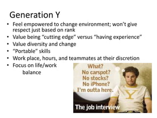 Generation Y
• Feel empowered to change environment; won’t give
  respect just based on rank
• Value being “cutting edge” versus “having experience”
• Value diversity and change
• “Portable” skills
• Work place, hours, and teammates at their discretion
• Focus on life/work
      balance
 