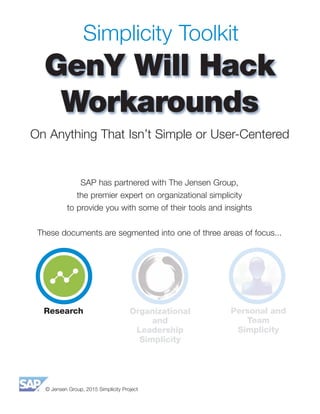 © Jensen Group, 2015 Simplicity Project
Simplicity Toolkit
GenY Will Hack
Workarounds
SAP has partnered with The Jensen Group,
the premier expert on organizational simplicity
to provide you with some of their tools and insights
These documents are segmented into one of three areas of focus...
On Anything That Isn’t Simple or User-Centered
Research Organizational
and
Leadership
Simplicity
Personal and
Team
Simplicity
 