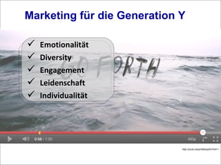 Marketing für die Generation Y http://youtu.be/pnNblizjuEk?hd=1 Emotionalität Diversity Engagement Leidenschaft Individualität 
