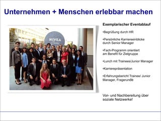 Unternehmen + Menschen erlebbar machen Exemplarischer Eventablauf Begrüßung durch HR Persönliche Karriereeinblicke durch Senior Manager Fach-Programm orientiert  am Benefit für Zielgruppe Lunch mit Trainees/Junior Manager Karrierepräsentation Erfahrungsbericht Trainee/ Junior Manager, Fragerun de Vor- und Nachbereitung über soziale Netzwerke! 