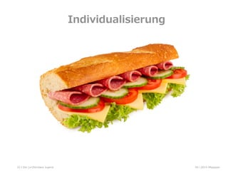 3  Die  Führung  der  neue(n)  Generation(en)
Welche  Ansatzpunkte  ergeben  sich  für  die  Führung?
22
Eﬃziente  und  smarte  IT-‐‑‒
Lösungen
Ansprechende  Büros
Gestaltung  von  
Freiräumen  
Förderung  von  
Mixed-‐‑‒Teams
Schnelle  und  vielseitige  
Kommunikationskanäle
Kommunikation
Direkte  
Feedbackkultur
Interdisziplinärer  
Austausch
Oﬀenheit
Individualisierte  
Arbeitszeitmodelle
Eﬀektives  
Wissensmanagement
Vielfältige  
Fortbildungsmöglichkeiten
Sinnvolle  
Zielvereinbarungen
Raum  zur  Vernetzung
Transparenz
  
04  l  2014  HRpepperDie  (un)führbare  Jugend
Individualisierung  
 