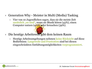 › Generation Why - Meister in Multi (Media) Tasking
   › Vier von 10 Jugendlichen sagen, dass sie die meiste Zeit
     zusätzlich „on sind“, wenn sie Musik hören (43%), einen
     Computer nutzen (40%) oder fernsehen (39%).


› Die heutige Arbeitswelt gibt dem keinen Raum
   › Heutige Arbeitsumgebungen nehmen keine Rücksicht auf diese
     Bedürfnisse. Langeweile und Frustration sind bei diesen
     eingeschränkten Entfaltungsmöglichkeiten vorprogrammiert.




                                                                  11
 