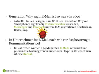 › Generation Why sagt: E-Mail ist so was von 1990
   › Aktuelle Studien besagen, dass 80 % der Generation Why mit
     Smartphones regelmäßig Textnachrichten versenden,
     Messenger und Facebook nutzen. E-Mails verlieren drastisch an
     Bedeutung.


› In Unternehmen ist E-Mail nach wie vor das bevorzugte
  Kommunikationstool
   › Im Jahr 2010 wurden 294 Milliarden E-Mails versendet und
     gelesen. Die Nutzung von Yammer oder Skype in Unternehmen
     ist eine Rarität.




                                                                 12
 