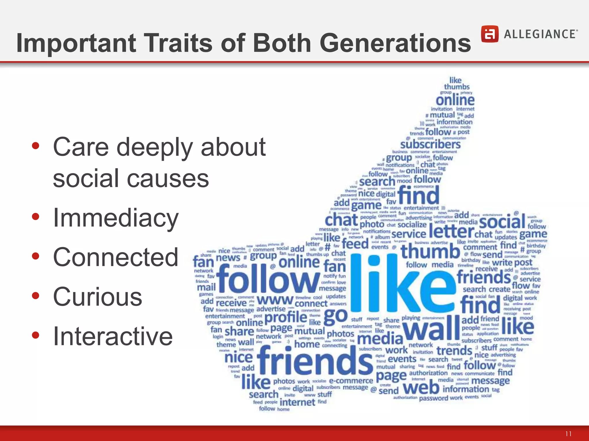 Important Traits of Both Generations


 • Care deeply about
     social causes
 •   Immediacy
 •   Connected
 •   Curious
 •   Interactive


                                       11
 
