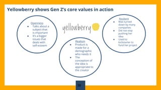 38
Yellowberry shows Gen Z’s core values in action
Openness
● Talks about a
subject that
is important
● It’s a bigger
issues that
deals with
self-esteem
Resilient
● Was turned
down by many
companies
● Did not stop
pushing her
idea
● Used to
kickstarter to
fund her project
Realism
● Product is
made for a
demographic
who needs it
● The
conception of
the idea is
appropriate to
the creator
 