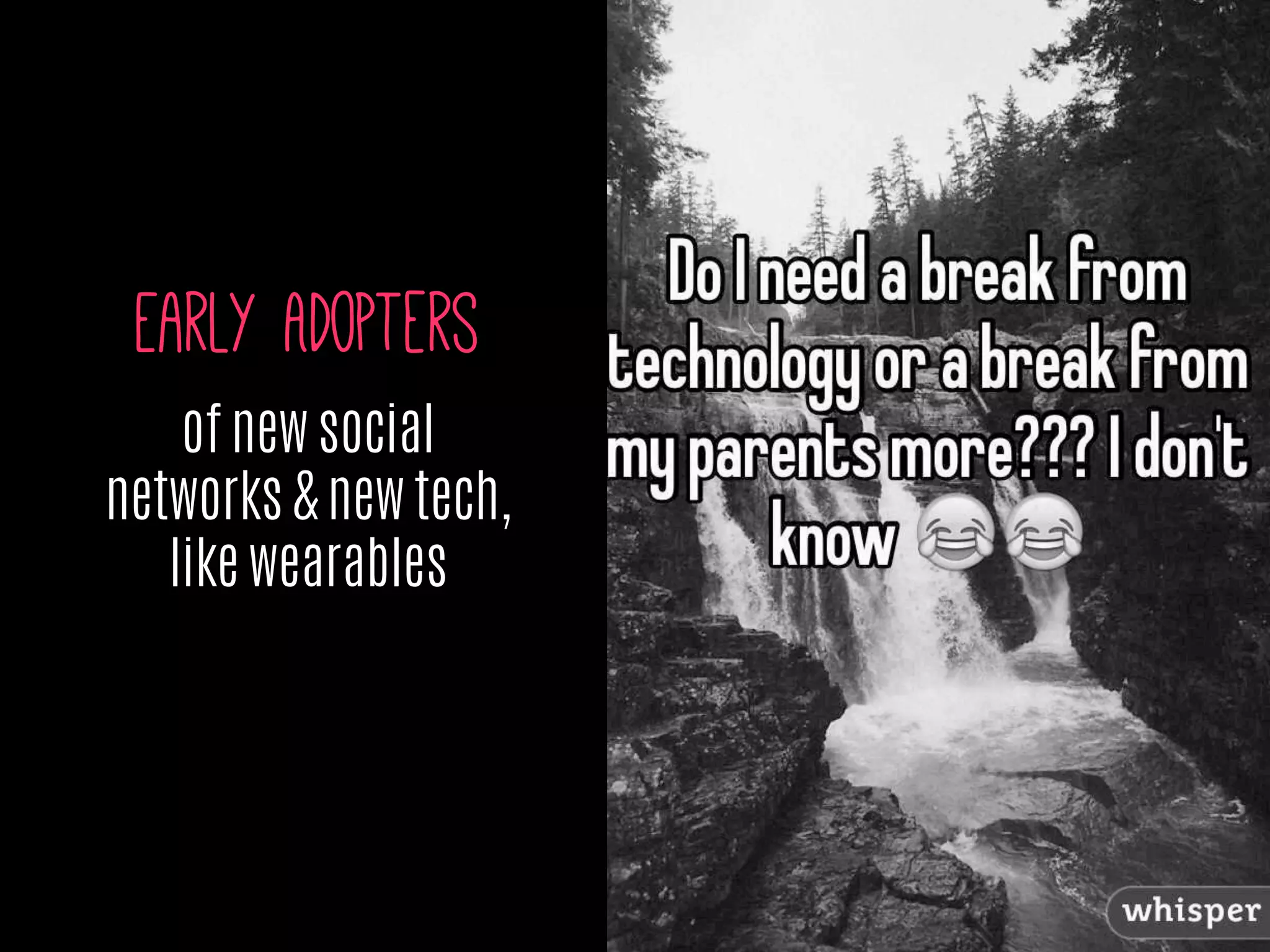 Early Adopters
of new social
networks & new tech,
like wearables
 
