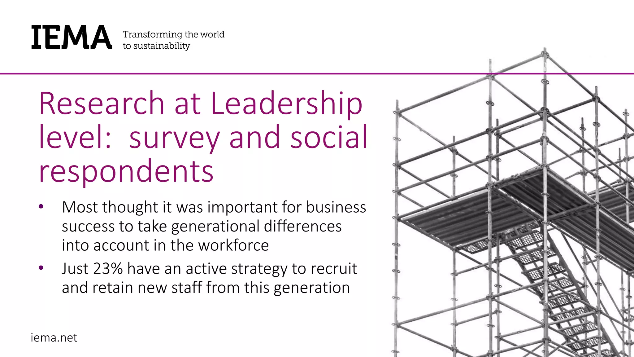iema.net
Research at Leadership
level: survey and social
respondents
• Most thought it was important for business
success to take generational differences
into account in the workforce
• Just 23% have an active strategy to recruit
and retain new staff from this generation
 