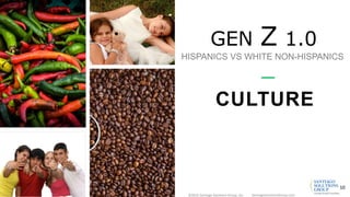 CULTURE
GEN Z 1.0
HISPANICS VS WHITE NON-HISPANICS
SantiagoSolutionsGroup.com©2016 Santiago Solutions Group, Inc.
10
 