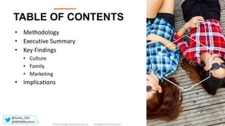 • Methodology
• Executive Summary
• Key Findings
• Culture
• Family
• Marketing
• Implications
TABLE OF CONTENTS
SantiagoSolutionsGroup.com©2016 Santiago Solutions Group, Inc.
2
@Carlos_SSG
@MR360Summit
 