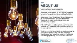 ABOUT US
We guide clients growth strategies.
We inform our strategies by uncovering concealed
consumer, competitive and marketplace insights.
We uncover these insights and drivers to purchase
by means of innovative qual-quant research,
assessments, opportunity sizings, predictive
modeling and analytics.
Yet, distilling fact-based insights is just the base to
enhance your marketing effectiveness and reduce
investment risks.
We bring powerful launch pads to you by leveraging
multicultural/general client-side and consulting
experience to arm you with unmatched intelligence
and strategic pathways for sustainable successes.
3
@Carlos_SSG
@MR360Summit
 