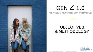 OBJECTIVES
& METHODOLOGY
GEN Z 1.0
HISPANICS VS WHITE NON-HISPANICS
SantiagoSolutionsGroup.com©2016 Santiago Solutions Group, Inc.
4
 