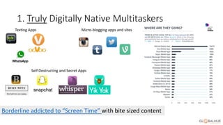 1. Truly Digitally Native Multitaskers
Borderline addicted to “Screen Time” with bite sized content
Texting Apps Micro-blogging apps and sites
Self Destructing and Secret Apps
 