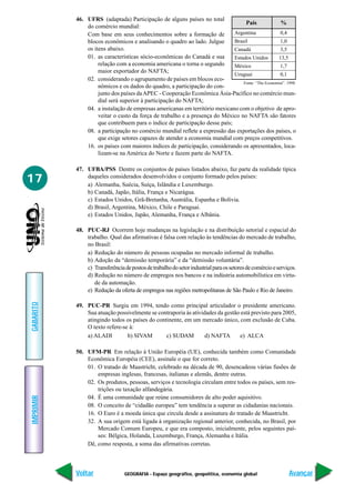 46. UFRS (adaptada) Participação de alguns países no total
                                                                                  País               %
               do comércio mundial:
               Com base em seus conhecimentos sobre a formação de            Argentina              0,4
               blocos econômicos e analisando o quadro ao lado. Julgue       Brasil                 1,0
               os itens abaixo.                                              Canadá                 3,5
               01. as características sócio-econômicas do Canadá e sua       Estados Unidos        13,5
                    relação com a economia americana o torna o segundo       México                 1,7
                    maior exportador do NAFTA;
                                                                             Uruguai                0,1
               02. considerando o agrupamento de países em blocos eco-
                                                                                 Fonte: “The Economist”. 1998.
                    nômicos e os dados do quadro, a participação do con-
                    junto dos países da APEC - Cooperação Econômica Ásia-Pacífico no comércio mun-
                    dial será superior à participação do NAFTA;
               04. a instalação de empresas americanas em território mexicano com o objetivo de apro-
                    veitar o custo da força de trabalho e a presença do México no NAFTA são fatores
                    que contribuem para o índice de participação desse país;
               08. a participação no comércio mundial reflete a expressão das exportações dos países, o
                    que exige setores capazes de atender a economia mundial com preços competitivos.
               16. os países com maiores índices de participação, considerando os apresentados, loca-
                    lizam-se na América do Norte e fazem parte do NAFTA.

           47. UFBA/PSS Dentre os conjuntos de países listados abaixo, faz parte da realidade típica
17             daqueles considerados desenvolvidos o conjunto formado pelos países:
               a) Alemanha, Suécia, Suíça, Islândia e Luxemburgo.
               b) Canadá, Japão, Itália, França e Nicarágua.
               c) Estados Unidos, Grã-Bretanha, Austrália, Espanha e Bolívia.
               d) Brasil, Argentina, México, Chile e Paraguai.
               e) Estados Unidos, Japão, Alemanha, França e Albânia.

           48. PUC-RJ Ocorrem hoje mudanças na legislação e na distribuição setorial e espacial do
               trabalho. Qual das afirmativas é falsa com relação às tendências do mercado de trabalho,
               no Brasil:
               a) Redução do número de pessoas ocupadas no mercado informal de trabalho.
               b) Adoção da “demissão temporária” e da “demissão voluntária”.
               c) Transferência de postos de trabalho do setor industrial para os setores de comércio e serviços.
               d) Redução no número de empregos nos bancos e na indústria automobilística em virtu-
                  de da automação.
               e) Redução da oferta de empregos nas regiões metropolitanas de São Paulo e Rio de Janeiro.
GABARITO




           49. PUC-PR Surgiu em 1994, tendo como principal articulador o presidente americano.
               Sua atuação possivelmente se contraporia às atividades da gestão está previsto para 2005,
               atingindo todos os países do continente, em um mercado único, com exclusão de Cuba.
               O texto refere-se à:
               a) ALADI         b) SIVAM        c) SUDAM         d) NAFTA      e) ALCA

           50. UFM-PR Em relação à União Européia (UE), conhecida também como Comunidade
               Econômica Européia (CEE), assinale o que for correto.
               01. O tratado de Maastricht, celebrado na década de 90, desencadeou várias fusões de
                   empresas inglesas, francesas, italianas e alemãs, dentre outras.
               02. Os produtos, pessoas, serviços e tecnologia circulam entre todos os países, sem res-
                   trições ou taxação alfandegária.
               04. É uma comunidade que reúne consumidores de alto poder aquisitivo.
IMPRIMIR




               08. O conceito de “cidadão europeu” tem tendência a superar as cidadanias nacionais.
               16. O Euro é a moeda única que circula desde a assinatura do tratado de Maastricht.
               32. A sua origem está ligada à organização regional anterior, conhecida, no Brasil, por
                   Mercado Comum Europeu, e que era composto, inicialmente, pelos seguintes paí-
                   ses: Bélgica, Holanda, Luxemburgo, França, Alemanha e Itália.
               Dê, como resposta, a soma das afirmativas corretas.



           Voltar                GEOGRAFIA - Espaço geográfico, geopolítica, economia global                 Avançar
 