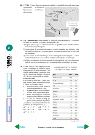 24. PUC-RJ A figura abaixo apresenta uma tendência à expansão do sistema de transportes:
               a) intermodal  d) hidroviário
               b) rodoviário  e) infoviário
               c) ferroviário




           25. U.F. Uberlândia-MG Etapa avançada da integração entre os transportes e a economia
               no Brasil, os chamados “corredores de exportação” são:
                a) Regiões agrícolas que se formam no entorno das grandes cidades, dotadas de termi-
                   nais intermodais de transporte.
8               b) Áreas dotadas de terminais intermodais e estações aduaneiras que utilizam a infra-
                   estrutura ferroviária para escoar a produção agrícola com destino às principais cida-
                   des brasileiras.
                c) Áreas dotadas de infra-estrutura que envolve o transporte, a armazenagem e a comer-
                   cialização de produtos, desde as áreas produtoras até os portos de exportação.
                d) Cidades portuárias que recebem produtos de diversas regiões do país, exportando-os por
                   meio da navegação de cabotagem para diversos mercados consumidores do mundo.

           26. UFRS Criada em 1960, a Organização dos           MAIORES PRODUTORES DE PETRÓLEO
               Países Exportadores de Petróleo (Opep) é          – EM MILHÕES DE BARRIS POR DIA –
               composta por 11 países membros – na
               maioria, nações árabes – que detêm cerca
               de 78% das reservas mundiais e fornecem         País                     1997       2000
               40% do óleo cru consumido no mundo.
               Considere a tabela:                             Arábia Saudita            11,4       11,1
               Com relação ao enunciado e à tabela ante-       EUA                        9,5       9,1
GABARITO




               rior, assinale com V (Verdadeiro) ou com        Federação Russa            7,1       7,3
               F (Falso) as afirmações abaixo:
               ( ) Dos países americanos, apenas a             Irã                        3,9       4,0
                      Venezuela é membro da Opep.              Venezuela                  3,4       3,8
               ( ) No Oriente Médio, localiza-se a mai-        México                     3,4       3,7
                      oria dos países membros da Opep.
               ( ) Fazem parte da Opep os onze maio-           China                      3,2       3,2
                      res produtores de petróleo do mundo.     Canadá                     2,6       2,8
               ( ) O Catar é o membro da Opep que              Emirados Árabes            2,7       2,8
                      possui a menor produção de petróleo.
                                                               Unidos                     1,6       2,8
               A seqüência correta de preenchimento dos
               parênteses, de cima para baixo, é:              Iraque                     2,6       2,7
IMPRIMIR




                a) V – V – F – V       d) F – V – V – F        Kuweit                     2,2       2,5
                b) V – F – V – F       e) F – V – F – V        Nigéria                    1,4       1,6
                c) V – V – V – F
                                                               Argélia                    1,7       1,5
                                                               Indonésia                  1,5       1,5
                                                               Líbia                      0,6       0,5
                                                                                            Fonte: EIA, 2000.




           Voltar                      GEOGRAFIA - Fontes de energia, transportes                         Avançar
 