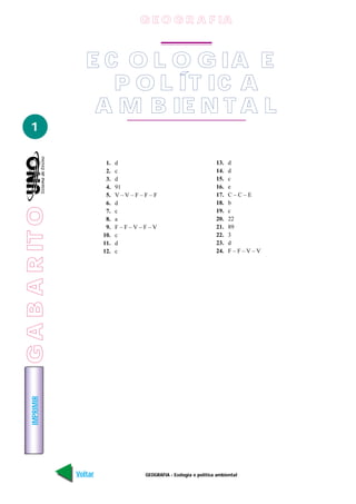 G E O G R A F IA



                    E C O L O G IA E
                       P O L ÍT IC A
                     A M B IE N T A L
   1

                           1.   d                                    13.   d
                           2.   c                                    14.   d
                           3.   d                                    15.   c
                           4.   91                                   16.   e
                           5.   V–V–F–F–F                            17.   C–C–E
                           6.   d                                    18.   b
G A B A R IT O




                           7.   c                                    19.   c
                           8.   a                                    20.   22
                           9.   F–F–V–F–V                            21.   89
                          10.   c                                    22.   3
                          11.   d                                    23.   d
                          12.   c                                    24.   F–F–V–V
    IMPRIMIR




                 Voltar               GEOGRAFIA - Ecologia e política ambiental      Avançar
 