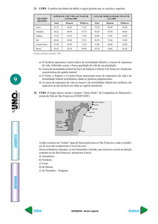 21. UFRN A análise dos dados da tabela a seguir permite que se conclua o seguinte:

                                    ESPERANÇA DE VIDA AO NASCER             TAXA DE MORTALIDADE INFANTIL
               GRANDES                      (ANOS)-1990                               (%)-1990
               REGIÕES
                                     Total        Homens       Mulheres       Total   Homens     Mulheres

             Norte                   67,35         63,82         71,01        53,20    60,30       45,90

             Nordeste                64,22         60,84         67,74        88,20    95,60       80,60

             Sudeste                 67,53         63,56         71,66        30,00    37,00       22,80

             Sul                     68,68         65,00         72,51        26,70    33,60       19,60

             Centro-Oeste            67,80         64,30         71,45        33,00    40,00       25,60

             Brasil                  65,62         62,28         69,09        49,70    56,80       42,30

           Anuário estatístico do Brasil, 1995.



                   a) O Nordeste apresenta o maior índice de mortalidade infantil e o menor de esperança
                      de vida, refletindo, assim, a baixa qualidade de vida de sua população.
                   b) A taxa de mortalidade infantil do Sul e do Sudeste é inferior à do Norte em virtude das
                      características do quadro natural.
                   c) O Norte, o Sudeste e o Centro-Oeste apresentam taxas de expectativa de vida e de
9                     mortalidade infantil semelhantes, dadas as políticas populacionais.
                   d) As taxas de esperança de vida ao nascer e de mortalidade infantil das mulheres são
                      superiores às dos homens em todas as regiões brasileiras.

           22. UFRJ O mapa abaixo retrata o projeto “Semi-Árido” da Companhia de Desenvolvi-
               mento do Vale do São Francisco (CODEVASF).
GABARITO




                   A idéia consiste em “roubar” água de bacias próximas ao São Francisco, onde a incidên-
                   cia de seca não compromete o nível dos rios.
                   Desses tributários forçados, os rios Paranaíba e Grande, que inclusive correm na direção
                   contrária ao do São Francisco, pertencem à bacia:
                   a) Amazônica.
                   b) Nordeste.
                   c) Leste.
                   d) do Paraná.
                   e) do Tocantins – Araguaia.
IMPRIMIR




           Voltar                                      GEOGRAFIA - Brasil regional                         Avançar
 