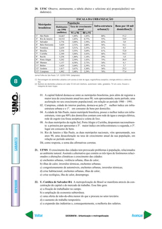 20. UFSC Observe, atentamente, a tabela abaixo e selecione a(s) proposição(ões) ver-
               dadeira(s).

                                                     ESCALA DA URBANIZAÇÃO
                                              População
               Metrópoles
               brasileiras          Habitantes Taxa de crescimento Infra-estrutura Bens por 10 mil
                                     em 1996          anual           urbana(1)     domicílios(2)
                                    (milhões)   91 a 96 80 a 91
            1º
             .     São Paulo            16,667          1,89%         1,45%                80%                       51,2
            2º
             .     Rio de Janeiro       10,532          1,03%         0,77%                55%                       18,9
            3º
             .     Salvador              2,776          3,09%         1,59%                42%                        3,0
            4º
             .     Belo Horizonte        3,829          2,53%         2,00%                56%                       16,1
            5º
             .     Fortaleza             2,639          3,51%         2,35%                21%                        0,5
            6º
             .     Brasília              2,354          3,55%         3,69%                61%                       72,8
            7º
             .     Curitiba              2,349          3,04%         3,43%                68%                       54,5
            8º
             .     Recife                3,258          1,80%         1,10%                29%                        1,0
            9º
             .     Porto Alegre          3,292          2,59%         1,43%                75%                       26,9
            10º.   Manaus                1,157          4,58%         2,73%                34%                        6,1
            11º.   Belém                 1,629          3,04%         2,39%                41%                        3,7
            12º.   Goiânia               1,417          3,67%         3,30%                36%                       25,2
            13º.   Campinas              1,992          3,48%         2,29%                78%                       77,4
           Jornal Folha de São Paulo. S.P., 02/05/1999. (adaptado)


8
           (1) Porcentagem de domicílios urbanos com acesso à rede de água, esgoto/fossa asséptica, energia elétrica e coleta de
               lixo.
           (2) Número de domicílios urbanos em cada 10 mil com telefone, automóvel, rádio, geladeira, TV em cores, freezer e
               máquina de lavar roupa.



                   01. A capital federal destaca-se entre as metrópoles brasileiras, pois além de registrar a
                       maior taxa de crescimento anual nos anos 90, vem apresentando, neste período, uma
                       aceleração no seu crescimento populacional, em relação ao período 1980 – 1991.
                   02. Campinas, cidade do interior paulista, destaca-se pelo 2º. melhor índice em infra-
                       estrutura urbana e o 1º. em consumo de bens por domicílio.
                   04. A cidade de São Paulo, maior metrópole brasileira, possui o melhor índice em infra-
                       estrutura, visto que 80% dos domicílios contam com rede de água e energia elétrica,
                       rede de esgoto (ou fossa asséptica) e coleta de lixo.
                   08. As duas metrópoles da região Sul, Porto Alegre e Curitiba, despontam nacionalmen-
                       te: a primeira por apresentar o 3º. maior índice em infra-estrutura e a segunda, o 3º.
                       lugar em consumo de bens.
                   16. Rio de Janeiro e São Paulo, as duas metrópoles nacionais, vêm apresentando, nos
                       anos 90, uma desaceleração na taxa de crescimento anual da sua população, em
GABARITO




                       relação ao período anterior.
                   Dê, como resposta, a soma das afirmativas corretas.

           21. UFMS O crescimento das cidades tem provocado problemas à população, relacionados
               ao ambiente natural. Assinale a alternativa que contém os três tipos de fenômenos relaci-
               onados a alterações climáticas e crescimento das cidades:
               a) enchentes urbanas, violência urbana, ilhas de calor;
               b) ilhas de calor, inversões térmicas, enchentes urbanas;
               c) congestionamento de automóveis, enchentes urbanas, inversões térmicas;
               d) crise habitacional, enchentes urbanas, ilhas de calor;
               e) crise ecológica, ilha de calor, desemprego.
IMPRIMIR




           22. U. Católica de Salvador-BA A metropolização do Brasil se manifesta através da con-
               centração do capital e do mercado de trabalho. Esse fato gera:
               a) a fixação do trabalhador no campo.
               b) a ampliação da economia subterrânea.
               c) uma oferta de mão-de-obra menor do que a procura no setor terciário.
               d) o aumento do trabalho temporário.
               e) a expansão das indústrias e, consequentemente, a melhoria dos salários.



           Voltar                                GEOGRAFIA - Urbanização e metropolização                                          Avançar
 