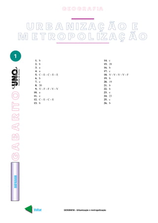 G E O G R A F IA



                U R B A N IZ A Ç Ã O E
               M E T R O P O L IZ A Ç Ã O
   1
                   1.   b                                                 14.   c
                   2.   b                                                 15.   28
                   3.   a                                                 16.   b
                   4.   a                                                 17.   c
                   5.   C–E–C–E–E                                         18.   V–V–V–V–F
                   6.   b                                                 19.   b
                   7.   e                                                 20.   19
                   8.   30                                                21.   b
                   9.   V–F–F–V–V                                         22.   b
G A B A R IT O




                  10.   a                                                 23.   e
                  11.   e                                                 24.   23
                  12.   C–E–C–E                                           25.   c
                  13.   b                                                 26.   b
    IMPRIMIR




                  Voltar            GEOGRAFIA - Urbanização e metropolização                Avançar
 