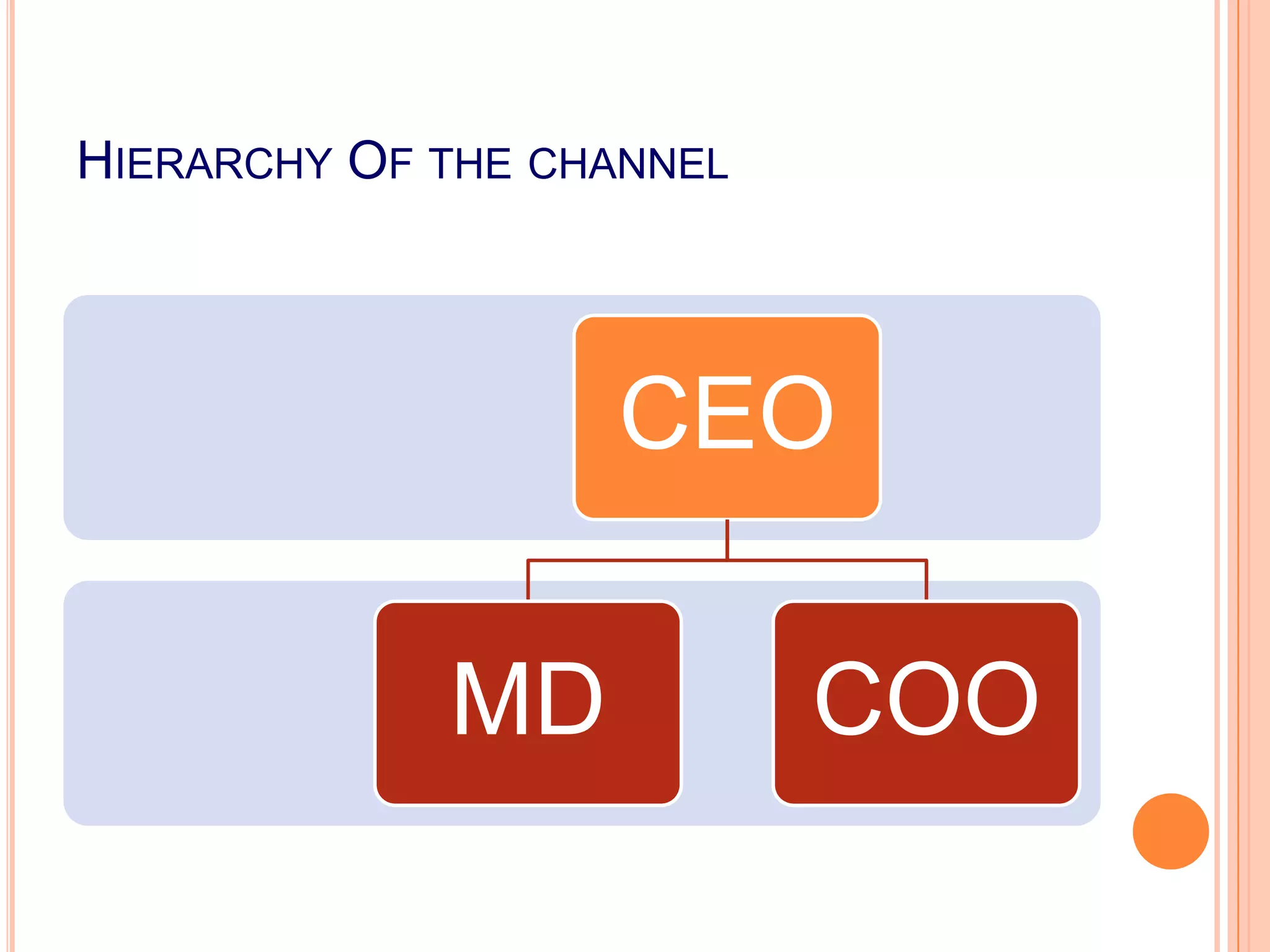 HIERARCHY OF THE CHANNEL
CEO
MD COO