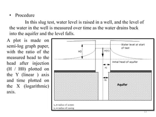 • Procedure
In this slug test, water level is raised in a well, and the level of
the water in the well is measured over time as the water drains back
into the aquifer and the level falls.
A plot is made on
semi-log graph paper,
with the ratio of the
measured head to the
head after injection
(H / H0) plotted on
the Y (linear ) axis
and time plotted on
the X (logarithmic)
axis.
13
 