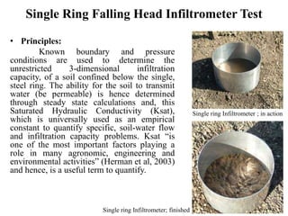 Single Ring Falling Head Infiltrometer Test
• Principles:
Known boundary and pressure
conditions are used to determine the
unrestricted 3-dimensional infiltration
capacity, of a soil confined below the single,
steel ring. The ability for the soil to transmit
water (be permeable) is hence determined
through steady state calculations and, this
Saturated Hydraulic Conductivity (Ksat),
which is universally used as an empirical
constant to quantify specific, soil-water flow
and infiltration capacity problems. Ksat “is
one of the most important factors playing a
role in many agronomic, engineering and
environmental activities” (Herman et al, 2003)
and hence, is a useful term to quantify.
Single ring Infiltrometer ; in action
Single ring Infiltrometer; finished
16
 