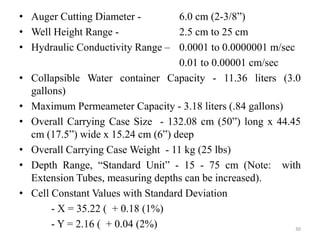 • Auger Cutting Diameter - 6.0 cm (2-3/8”)
• Well Height Range - 2.5 cm to 25 cm
• Hydraulic Conductivity Range – 0.0001 to 0.0000001 m/sec
0.01 to 0.00001 cm/sec
• Collapsible Water container Capacity - 11.36 liters (3.0
gallons)
• Maximum Permeameter Capacity - 3.18 liters (.84 gallons)
• Overall Carrying Case Size - 132.08 cm (50”) long x 44.45
cm (17.5”) wide x 15.24 cm (6”) deep
• Overall Carrying Case Weight - 11 kg (25 lbs)
• Depth Range, “Standard Unit” - 15 - 75 cm (Note: with
Extension Tubes, measuring depths can be increased).
• Cell Constant Values with Standard Deviation
- X = 35.22 ( + 0.18 (1%)
- Y = 2.16 ( + 0.04 (2%) 30
 