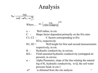 Where…
a - Well radius, in cm.
C - Shape factor dependent primarily on the H/a ratio
C1, C2 - C factors corresponding to H/a
H2/a, respectively
H1, H2 = Well height for first and second measurements
respectively, in cm.
K - Hydraulic conductivity, in cm/sec.
Kfs - Field-saturated hydraulic conductivity (entrapped air
present), in cm/sec.
α - Alpha Parameter, slope of the line relating the natural
log of K, hydraulic conductivity, to Q, the soil water
pressure head, in cm-1
α* is obtained from the site analysis
Analysis
32
 