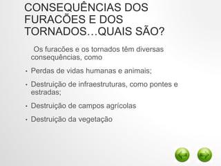 CONSEQUÊNCIAS DOS
FURACÕES E DOS
TORNADOS…QUAIS SÃO?
Os furacões e os tornados têm diversas
consequências, como
• Perdas de vidas humanas e animais;
• Destruição de infraestruturas, como pontes e
estradas;
• Destruição de campos agrícolas
• Destruição da vegetação
 