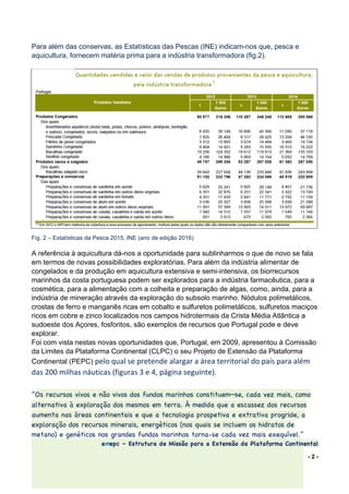 - 2 -
Para além das conservas, as Estatísticas das Pescas (INE) indicam-nos que, pesca e
aquicultura, fornecem matéria prima para a indústria transformadora (fig.2).
	
	
	
	
	
	
	
	
	
	
	
	
	
	
	
Fig. 2 – Estatísticas da Pesca 2015, INE (ano de edição 2016)
A referência à aquicultura dá-nos a oportunidade para sublinharmos o que de novo se fala
em termos de novas possibilidades exploratórias. Para além da indústria alimentar de
congelados e da produção em aquicultura extensiva e semi-intensiva, os biorrecursos
marinhos da costa portuguesa podem ser explorados para a indústria farmacêutica, para a
cosmética, para a alimentação com a colheita e preparação de algas, como, ainda, para a
indústria de mineração através da exploração do subsolo marinho. Nódulos polimetálicos,
crostas de ferro e manganês ricas em cobalto e sulfuretos polimetálicos, sulfuretos maciços
ricos em cobre e zinco localizados nos campos hidrotermais da Crista Média Atlântica a
sudoeste dos Açores, fosforitos, são exemplos de recursos que Portugal pode e deve
explorar.
Foi com vista nestas novas oportunidades que, Portugal, em 2009, apresentou à Comissão
da Limites da Plataforma Continental (CLPC) o seu Projeto de Extensão da Plataforma
Continental (PEPC) pelo	qual	se	pretende	alargar	a	área	territorial	do	país	para	além	
das	200	milhas	náuticas	(figuras	3	e	4,	página	seguinte).	
	
“Os recursos vivos e não vivos dos fundos marinhos constituem—se, cada vez mais, como
alternativa à exploração dos mesmos em terra. À medida que a escassez dos recursos
aumenta nas áreas continentais e que a tecnologia prospetiva e extrativa progride, a
exploração dos recursos minerais, energéticos (nos quais se incluem os hidratos de
metano) e genéticos nos grandes fundos marinhos torna-se cada vez mais exequível.”
emepc – Estrutura de Missão para a Extensão da Plataforma Continental
 