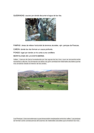 QUEBRADAS: cauces por donde discurren el agua de los ríos.
PAMPAS: áreas de relieve horizontal de terrenos aluviales. ejm: pampas de Paracas.
CAÑON: donde los ríos forman un cauce profundo.
PONGO: lugar por donde un río corta a una cordillera
MORFOLOGIA DE LA COSTA MARINA:
Valles : Llanura de tierra humedecida por las aguas de los ríos y que se encuentra entre
montañas o alturas. Su formación se debe a la gran cantidad de materiales aluviales que los
ríos arrastran desde el interior de los andes.
Las Pampas: Llanurasextensas cuyasáreasestán emplazadas entre los valles. Laspampas
se forman como consecuencia del acarreo de materiales aluviales que arrastran los ríos .
 