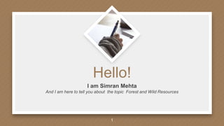 Hello!
I am Simran Mehta
And I am here to tell you about the topic Forest and Wild Resources
1
 
