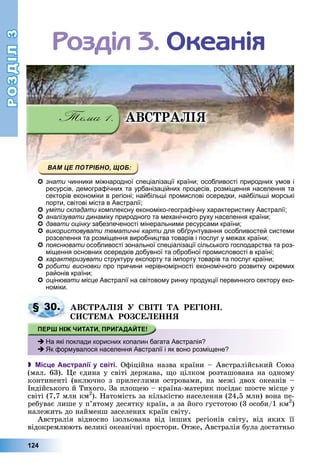 РОЗДІЛРОЗДІЛ33
124
Ðîçäіë 3. Îêåàíіÿ
ÀÂÑÒÐÀËІß
знати чинники міжнародної спеціалізації країни; особливості природних умов і
ресурсів, демографічних та урбанізаційних процесів, розміщення населення та
секторів економіки в регіоні; найбільші промислові осередки, найбільші морські
порти, світові міста в Австралії;
уміти складати комплексну економіко-географічну характеристику Австралії;и
аналізувати динаміку природного та механічного руху населення країни;
давати оцінку забезпеченості мінеральними ресурсами країни;у
використовувати тематичні карти для обґрунтування особливостей системии
розселення та розміщення виробництва товарів і послуг у межах країни;
пояснювати особливості зональної спеціалізації сільського господарства та роз-
міщення основних осередків добувної та обробної промисловості в країні;
характеризувати структуру експорту та імпорту товарів та послуг країни;и
робити висновки про причини нерівномірності економічного розвитку окремих
районів країни;
оцінювати місце Австралії на світовому ринку продукції первинного сектору еко-
номіки.
ÀÂÑÒÐÀËІß Ó ÑÂІÒІ ÒÀ ÐÅÃІÎÍІ.
ÑÈÑÒÅÌÀ ÐÎÇÑÅËÅÍÍß
 Місце Австралії у світі. Îôіöіéíà íàçâà êðàїíè – Àâñòðàëіéñüêèé Ñîþç
(ìàë. 63). Öå єäèíà ó ñâіòі äåðæàâà, ùî öіëêîì ðîçòàøîâàíà íà îäíîìó
êîíòèíåíòі (âêëþ÷íî ç ïðèëåãëèìè îñòðîâàìè, íà ìåæі äâîõ îêåàíіâ –
Іíäіéñüêîãî é Òèõîãî. Çà ïëîùåþ – êðàїíà-ìàòåðèê ïîñіäàє øîñòå ìіñöå ó
ñâіòі (7,7 ìëí êì2
). Íàòîìіñòü çà êіëüêіñòþ íàñåëåííÿ (24,5 ìëí) âîíà ïå-
ðåáóâàє ëèøå ó ï’ÿòîìó äåñÿòêó êðàїí, à çà éîãî ãóñòîòîþ (3 îñîáè/1 êì2
)
íàëåæèòü äî íàéìåíø çàñåëåíèõ êðàїí ñâіòó.
Àâñòðàëіÿ âіäíîñíî іçîëüîâàíà âіä іíøèõ ðåãіîíіâ ñâіòó, âіä ÿêèõ її
âіäîêðåìëþþòü âåëèêі îêåàíі÷íі ïðîñòîðè. Îòæå, Àâñòðàëіÿ áóëà äîñòàòíüî
§ 30.
На які поклади корисних копалин багата Австралія?
Як формувалося населення Австралії і як воно розміщене?
 
