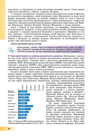 РОЗДІЛРОЗДІЛ11
14
ïàðëàìåíò, à ïàðëàìåíò íå ìîæå âèñëîâèòè íåäîâіðó óðÿäó. Ñåðåä ïðåçè-
äåíòñüêèõ ðåñïóáëіê ó Єâðîïі, çîêðåìà, Áіëîðóñü.
Ó çìіøàíèõ ðåñïóáëіêàõ ïîєäíàíі ñèëüíà ïðåçèäåíòñüêà âëàäà é åôåêòèâ-
íà äіÿëüíіñòü ïàðëàìåíòó, ÿêèé êîíòðîëþє óðÿä. Ïðåçèäåíòà çà óìîâ òàêîї
ôîðìè ïðàâëіííÿ îáèðàþòü íà ïðÿìèõ âèáîðàõ. Óðÿä íà ÷îëі ç ïðåì’єð-
ìіíіñòðîì íåñå ïîëіòè÷íó âіäïîâіäàëüíіñòü і ïåðåä ïàðëàìåíòîì, і ïåðåä ïðå-
çèäåíòîì. Çìіøàíà ðåñïóáëіêàíñüêà ôîðìà ïðàâëіííÿ õàðàêòåðíà äëÿ Ôðàí-
öії, Ïîðòóãàëії, Àâñòðії, Áîëãàðії, Ïîëüùі, Ôіíëÿíäії, à òàêîæ Óêðàїíè.
Іñíóє ó Єâðîïі é òàêà ôîðìà ïðàâëіííÿ, ÿê ìîíàðõіÿ. Ïåðåâàæàþòü
êîíñòèòóöіéíі ìîíàðõії, ó ÿêèõ ïðåì’єð-ìіíіñòð î÷îëþє âèêîíàâ÷ó âëàäó
â äåðæàâі і є ëіäåðîì ïðàâëÿ÷îї áіëüøîñòі â ïàðëàìåíòі. Îôіöіéíî æ ãëà-
âîþ äåðæàâè є êîíñòèòóöіéíèé ìîíàðõ, ÿêèé âèêîíóє ñâîї îáîâ’ÿçêè çà
óçãîäæåííÿì ç óðÿäîì і ïàðëàìåíòîì. Єäèíîþ àáñîëþòíîþ ìîíàðõієþ ó
Єâðîïі є Âàòèêàí, äå ìîíàðõ ïîєäíóє âèêîíàâ÷ó òà çàêîíîäàâ÷ó ãіëêè
âëàäè і ìàє àáñîëþòíó âëàäó â êðàїíі.
ÃÅÎÃÐÀÔІ×ÍÈÉ ІÍÒÅÐÀÊÒÈÂ
 Типи країн Європи за рівнем економічного розвитку. Íàéïîâíіøå óÿâëåí-
íÿ ïðî òèïè êðàїí Єâðîïè çà ðіâíåì åêîíîìі÷íîãî ðîçâèòêó äàþòü ìіæ-
íàðîäíі îðãàíіçàöії, ÷ëåíàìè ÿêèõ є áіëüøіñòü єâðîïåéñüêèõ êðàїí. Öå,
çîêðåìà, ÎÎÍ, Ìіæíàðîäíèé âàëþòíèé ôîíä (ÌÂÔ), Ñâіòîâèé áàíê ðåêîí-
ñòðóêöії і ðîçâèòêó (ÑÁÐÐ). Äëÿ õàðàêòåðèñòèêè åêîíîìіêè êðàїí çàçâè-
÷àé âèêîðèñòîâóþòü ïîêàçíèêè ÂÂÏ і ÂÂÏ íà äóøó íàñåëåííÿ, ñòðóêòóðó
åêîíîìіêè, ðіâåíü і ÿêіñòü æèòòÿ íàñåëåííÿ.
Іç òðüîõ íàÿâíèõ òèïіâ êðàїí ó Єâðîïі ïðåäñòàâëåíî äâà: åêîíîìі÷íî ðîç-
âèíåíі êðàїíè і êðàїíè ïåðåõіäíîї åêîíîìіêè (ïîñòñîöіàëіñòè÷íі). Äî êðàїí
ïåðøîї ãðóïè íàëåæàòü íàéðîçâèíåíіøі êðàїíè, òі, ùî âõîäÿòü äî «Âåëèêîї
ñіìêè». Ñåðåä íèõ: Íіìå÷÷èíà, Ôðàíöіÿ, Âåëèêà Áðèòàíіÿ, Іòàëіÿ. Åêîíîìі-
êè öèõ êðàїí âіäðіçíÿþòüñÿ âіäêðèòіñòþ, âіëüíèì çîâíіøíüîòîðãîâåëüíèì
ðåæèìîì, іííîâàöіéíèìè òåõíîëîãіÿ-
ìè âèðîáíèöòâà, âèñîêèì ðіâíåì ÂÂÏ
íà äóøó íàñåëåííÿ. Öåé ïîêàçíèê є
äîñèòü âèñîêèé і â іíøèõ єâðîïåé-
ñüêèõ êðàїíàõ, çîêðåìà â Çàõіäíіé і
Ïіâíі÷íіé Єâðîïі, ÿêі íå âõîäÿòü äî
«Âåëèêîї ñіìêè». Öå – Áåëüãіÿ, Íіäåð-
ëàíäè, Øâåöіÿ, Øâåéöàðіÿ, Äàíіÿ,
Íîðâåãіÿ, Ôіíëÿíäіÿ (ìàë. 4).
Äî êðàїí ïåðåõіäíîї åêîíîìіêè
íàëåæàòü ïåðåâàæíî êðàїíè Ñõіäíîї
Єâðîïè, êîëèøíі ñîöіàëіñòè÷íі ðåñïó-
áëіêè. Öі äåðæàâè ïåðåáóâàþòü íà
ðіçíèõ åòàïàõ ïåðåõîäó âіä ïëàíîâîї
äî ðèíêîâîї åêîíîìіêè. Íàéâèùèé
ñó÷àñíèé ðіâåíü ðîçâèòêó ñåðåä íèõ
ìàþòü Ïîëüùà, Ñëîâåíіÿ, ×åõіÿ, Ëàò-
âіÿ, Ëèòâà, Åñòîíіÿ òà іí. Âîíè çäіé-
ñíèëè åêîíîìі÷íі ðåôîðìè. Âòіëþþòü
Користуючись сайтом https://uk.wikipedia.org/wiki/Список_країн_за_фор-
мою_правління і картами атласу, визначте, які країни в Європі є конститу-
ційними монархіями. До яких європейських субрегіонів вони належать?
Мал. 4. Показник ВВП на душу населення
в деяких європейських країнах у 2017 р. (дол.)
 