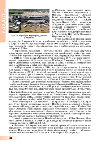 РОЗДІЛРОЗДІЛ44
144
íàéáіëüøèõ ìåêñèêàíñüêà Aero-
Måxico ç áàçîâèì àåðîïîðòîì ó
Ìåõіêî, áðàçèëüñüêà Avianca
Brasil, ùî áàçóєòüñÿ â Ñàí-Ïàóëó,
ïіâäåííîàìåðèêàíñüêà LATAM
Airlines Group S.A. – ðåçóëüòàò
îá’єäíàííÿ äâîõ íàéáіëüøèõ àâіà-
êîìïàíіé êîíòèíåíòó – áðàçèëü-
ñüêîї TAM Airlines і ÷èëіéñüêîї
LAN Airlines; ìàє äî÷іðíі êîìïàíії
â Àðãåíòèíі, Êîëóìáії, Åêâàäîðі,
Ïàðàãâàї òà Ïåðó.
Ñåðåä íàéáіëüøèõ ìіæíàðîäíèõ
àåðîïîðòіâ Àìåðèêè é îäèí ç íàéíàâàíòàæåíіøèõ ó ñâіòі – àåðîïîðò
Î’Õàðà â ×èêàãî, ùî îáñëóãîâóє ïîíàä 200 íàïðÿìêіâ. Ñåðåä íàéâіäîìі-
øèõ àåðîïîðòіâ ñâіòó і Ëîñ-Àíäæåëåñ, ùî є íàéáіëüøèì íà çàõіäíîìó
óçáåðåææі ÑØÀ.
Ó ïåðåâåçåííі ïàñàæèðіâ і âàíòàæіâ çíà÷íå ìіñöå ïîñіäàє ìîðñüêèé
òðàíñïîðò, ÿêèé ìàє âàãîìå çíà÷åííÿ äëÿ çîâíіøíüîї òîðãіâëі ðåãіîíó.
Íàéáіëüøèé òîðãîâåëüíèé ôëîò ìàþòü ÑØÀ, Áåðìóäè, Áðàçèëіÿ і Êàíàäà.
Ó 2016 ð. ÷åðåç ïîðòè Àìåðèêè áóëî çäіéñíåíî 14 % ñâіòîâèõ êîíòåé-
íåðíèõ ïåðåâåçåíü: 8 % ÷åðåç ïîðòè Ïіâíі÷íîї Àìåðèêè і 6 % – ÷åðåç
ïîðòè Ëàòèíñüêîї Àìåðèêè. Ïðè öüîìó â ÑØÀ і Áðàçèëії ðîçòàøîâàíі
îäíі ç íàéáіëüøèõ ó ñâіòі êîíòåéíåðíèõ òåðìіíàëіâ.
Íüþ-Éîðê – íàéáіëüøèé ïîðò ÑØÀ, ùî îáñëóãîâóє âàíòàæíі é ïàñàæèð-
ñüêі ñóäíà, є îäíèì ç íàéáіëüøèõ ó ñâіòі êðóїçíèõ ïîðòіâ. Ìîðñüêèé ïîðò
Ëîñ-Àíäæåëåñ ó ÑØÀ – öå öіëèé ïîðòîâèé êîìïëåêñ. Іíøі âåëèêі ïîðòè
ÑØÀ – Ôіëàäåëüôіÿ і Ñàâàííà. Âàíêóâåð – íàéáіëüøèé ïîðò Êàíàäè, ùî
ìàє òåðìіíàëè ÿê äëÿ âàíòàæíèõ, òàê і äëÿ êðóїçíèõ ñóäåí. Ó Ëàòèíñüêіé
Àìåðèöі âåëèêі ïîðòè – Êîëîí, ùî â Ïàíàìі, і áðàçèëüñüêèé ïîðò Ñàíòóñ.
Âåëèêå çíà÷åííÿ äëÿ ðîçâèòêó ìіæíàðîäíîї òîðãіâëі ìàє ñóäíîïëàâíèé
Ïàíàìñüêèé êàíàë. Çàâäÿêè éîìó íåìàє ïîòðåáè îãèíàòè Ïіâäåííó Àìåðèêó,
і ìîðñüêèé øëÿõ, íàïðèêëàä, ç Íüþ-Éîðêà äî Ñàí-Ôðàíöèñêî ñêîðîòèâñÿ ç
22,5 òèñ. êì äî 9,5 òèñ. êì. Ùîðі÷íî ÷åðåç êàíàë ïðîõîäèòü äî 14 òèñ. ñóäåí.
 Торгівля. Çîâíіøíÿ òîðãіâëÿ ó êðàїíàõ Àìåðèêè ðîçâèâàєòüñÿ íåðіâíî-
ìіðíî і, ïåðåäóñіì, ìіæ Ïіâíі÷íîþ òà Ëàòèíñüêîþ Àìåðèêîþ. Ãîëîâíó
ðîëü âіäіãðàþòü ÑØÀ, îáñÿãè òîðãіâëі ÿêèõ (3,65 òðëí äîë.) çíà÷íî ïåðå-
âèùóþòü îáñÿãè òîðãіâëі âñієї Ëàòèíñüêîї Àìåðèêè (1,6 òðëí äîë.).
Îáñÿã åêñïîðòó â ÑØÀ ñòàíîâèòü 1,45 òðëí äîë., à іìïîðòó – 2,20 òðëí
äîë. Îòæå, іìïîðò ïåðåâèùóє åêñïîðò. Ïîäіáíå ñïîñòåðіãàєòüñÿ і â Êàíàäі,
äå іìïîðò (413 ìëðä äîë.) áіëüøèé çà åêñïîðò (394 ìëðä äîë.). Êðàїíè Ïіâ-
íі÷íîї Àìåðèêè åêñïîðòóþòü ïåðåâàæíî òðàíñïîðòíі çàñîáè, åëåêòðè÷íå
îáëàäíàííÿ, ìіíåðàëüíå ïàëèâî, ëіòàêè, çàï÷àñòèíè òîùî. Íàòîìіñòü іì-
ïîðòóþòü ïåðåâàæíî åëåêòðè÷íå îáëàäíàííÿ, ìàøèíè, òðàíñïîðòíі çàñî-
áè, ìіíåðàëüíå ïàëèâî і ôàðìàöåâòè÷íі ïðîäóêòè.
Ãîëîâíі òîðãîâåëüíі ïàðòíåðè Ïіâíі÷íîї Àìåðèêè – ÑØÀ, Êàíàäà, Ìåê-
ñèêà, Êèòàé і ßïîíіÿ. Ó 2016 ð. äî Êàíàäè òà Ìåêñèêè íàäіéøëî ïîíàä
òðåòèíó åêñïîðòó ÑØÀ (34,2 %).
Ó Ëàòèíñüêіé Àìåðèöі ïîòðåáè â іìïîðòі ïðîäóêöії òàêîæ çàãàëîì âè-
ïåðåäæàþòü ìîæëèâîñòі åêñïîðòó, õî÷à ðіçíèöÿ ìіæ íèìè ïîðіâíÿíî íå-
âåëèêà. Ïðèêëàäîì ìîæå áóòè é ëіäåð ìіæíàðîäíîї òîðãіâëі – Ìåêñèêà,
іìïîðò ÿêîї ñòàíîâèòü 387 ìëðä äîë., à åêñïîðò – 374 ìëðä äîë.
Мал. 75. Аеропорт Хартсфілд-Джексон
в Атланті
 