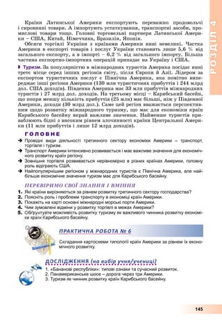 РОЗДІЛРОЗДІЛ44
145
Êðàїíè Ëàòèíñüêîї Àìåðèêè åêñïîðòóþòü ïåðåâàæíî ïðîäîâîëü÷і
і ñèðîâèííі òîâàðè. À іìïîðòóþòü óñòàòêóâàííÿ, òðàíñïîðòíі çàñîáè, ïðî-
ìèñëîâі òîâàðè òîùî. Ãîëîâíі òîðãîâåëüíі ïàðòíåðè Ëàòèíñüêîї Àìåðè-
êè – ÑØÀ, Êèòàé, Íіìå÷÷èíà, Áðàçèëіÿ, ßïîíіÿ.
Îáñÿãè òîðãіâëі Óêðàїíè ç êðàїíàìè Àìåðèêè íèíі íåâåëèêі. ×àñòêà
Àìåðèêè â åêñïîðòі òîâàðіâ і ïîñëóã Óêðàїíè ñòàíîâèòü ëèøå 5,6 % âіä
çàãàëüíîãî åêñïîðòó, à â іìïîðòі – 6,2 % âіä çàãàëüíîãî іìïîðòó. Áіëüøà
÷àñòèíà åêñïîðòíî-іìïîðòíèõ îïåðàöіé ïðèïàäàє íà Óêðàїíó і ÑØÀ.
 Туризм. Çà ïîïóëÿðíіñòþ â ìіæíàðîäíèõ òóðèñòіâ Àìåðèêà ïîñіäàє íèíі
òðåòє ìіñöå ñåðåä іíøèõ ðåãіîíіâ ñâіòó, ïіñëÿ Єâðîïè é Àçії. Ëіäåðîì çà
åêñïîðòîì òóðèñòè÷íèõ ïîñëóã є Ïіâíі÷íà Àìåðèêà, ÿêà ïîìіòíî âèïå-
ðåäæàє іíøі ðåãіîíè Àìåðèêè (130 ìëí òóðèñòè÷íèõ ïðèáóòòіâ і 244 ìëðä
äîë. ÑØÀ äîõîäіâ). Ïіâäåííà Àìåðèêà ìàє 33 ìëí ïðèáóòòіâ ìіæíàðîäíèõ
òóðèñòіâ і 27 ìëðä äîë. äîõîäіâ. Íà òðåòüîìó ìіñöі – Êàðèáñüêèé áàñåéí,
ùî ïîïðè ìåíøó êіëüêіñòü ïðèáóòòіâ (25 ìëí) ìàє áіëüøі, íіæ ó Ïіâäåííîї
Àìåðèêè, äîõîäè (30 ìëðä äîë.). Ñàìå öåé ðåãіîí ââàæàєòüñÿ ïåðñïåêòèâ-
íèì ùîäî ðîçâèòêó ìіæíàðîäíîãî òóðèçìó, ùî ìàє äëÿ åêîíîìіêè êðàїí
Êàðèáñüêîãî áàñåéíó âêðàé âàæëèâå çíà÷åííÿ. Íàéìåíøå òóðèñòіâ ïðè-
âàáëþþòü áіäíі ç âèñîêèì ðіâíåì çëî÷èííîñòі êðàїíè Öåíòðàëüíîї Àìåðè-
êè (11 ìëí ïðèáóòòіâ і ëèøå 12 ìëðä äîõîäіâ).
Г О Л О В Н Е
Провідні види діяльності третинного сектору економіки Америки – транспорт,
торгівля і туризм.
Транспорт Америки інтенсивно розвивається і має важливе значення для економіч-
ного розвитку країн регіону.
Зовнішня торгівля розвивається нерівномірно в різних країнах Америки, головну
роль відіграють США.
Найпопулярнішим регіоном у міжнародних туристів є Північна Америка, але най-
більше економічне значення туризм має для Карибського басейну.
ÏÅÐÅÂІÐÈÌÎ ÑÂÎЇ ÇÍÀÍÍß І ÂÌІÍÍß
1. Які країни вирізняються за рівнем розвитку третинного сектору господарства?
2. Поясніть роль і проблеми транспорту в економіці країн Америки.
3. Покажіть на карті основні міжнародні морські порти Америки.
4. Чим зумовлені відміни у розвитку торгівлі в межах Америки?
е можливість розвитку туризму як важливого чинника розвитку економі-
рибського басейну.
ладання картосхеми типології країн Америки за рівнем їх еконо-
мічного розвитку.
ДОСЛІДЖЕННЯ на вибір учня/учениці
1. «Бананові республіки»: типові ознаки та сучасний розвиток.
2. Панамериканське шосе – дорога через три Америки.
3. Туризм як чинник розвитку країн Карибського басейну.
АКТИЧНА РОБОТАА № 6
 