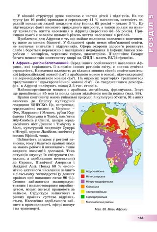 РОЗДІЛРОЗДІЛ55
163
Ó âіêîâіé ñòðóêòóðі äóæå âèñîêîþ є ÷àñòêà äіòåé і ïіäëіòêіâ. Íà öþ
ãðóïó (äî 16 ðîêіâ) ïðèïàäàє â ñåðåäíüîìó 41 % íàñåëåííÿ, íàòîìіñòü ñå-
ðåäíіé ïîêàçíèê ëþäåé ïîõèëîãî âіêó (ïîíàä 65 ðîêіâ) – óñüîãî 3 %. Öå
ïіäòâåðäæóє ôàêò âèñîêîãî ïðèðîäíîãî ïðèðîñòó, à òàêîæ âêàçóє íà íèçü-
êó òðèâàëіñòü æèòòÿ íàñåëåííÿ â Àôðèöі (ïåðåñі÷íî 53–55 ðîêіâ). Ïðè-
÷èíîþ öüîãî є çàãàëîì íèçüêèé ðіâåíü æèòòÿ íàñåëåííÿ â ðåãіîíі.
Ïðîáëåìîþ äëÿ Àôðèêè є òå, ùî ìàéæå ïîëîâèíà íàñåëåííÿ êîíòèíåí-
òó æèâå çà ìåæåþ áіäíîñòі. Ó áіëüøîñòі êðàїí íåìàє îáîâ’ÿçêîâîї îñâіòè,
íå âèñòà÷àє â÷èòåëіâ і ïіäðó÷íèêіâ. Ñôåðà îõîðîíè çäîðîâ’ÿ ðîçâèíóòà
ñëàáî і áîðåòüñÿ ïåðåâàæíî ç íàñëіäêàìè íåäîїäàííÿ é іíôåêöіéíèìè õâî-
ðîáàìè – ìàëÿðієþ, ÷åðåâíèì òèôîì, äèçåíòåðієþ. Ïіâäåííіøå Ñàõàðè
áàãàòî ìåøêàíöіâ êîíòèíåíòó õâîðі íà ÑÍІÄ і ìàþòü ÂІË-іíôåêöіþ.
 Африка – регіон багатомовний. Ñåðåä іíøèõ îñîáëèâîñòåé íàñåëåííÿ Àô-
ðèêè, ÿêі âèðіçíÿþòü її ç-ïîìіæ іíøèõ ðåãіîíіâ ñâіòó, є çíà÷íà åòíі÷íà
ñòðîêàòіñòü. Íàñåëåííÿ íàëåæèòü äî êіëüêîõ ìîâíèõ ñіìåé: ñåìіòî-õàìіòñü-
êîї (àôðîàçіéñüêîї) ìîâíîї ñіì’ї ç àðàáñüêîþ ìîâîþ â îñíîâі; íіëî-ñàõàðñüêîї
і íіãåðî-êîðäîôàíñüêîї ìîâíîї ñіì’ї. Íà îêðåìèõ òåðèòîðіÿõ òðàïëÿþòüñÿ
ïðåäñòàâíèêè іíäî-єâðîïåéñüêîї ìîâíîї ñіì’ї. Çà òâåðäæåííÿìè äåìîãðà-
ôіâ, â Àôðèöі íàëі÷óþòü ïîíàä 3,5 òèñ. åòíîñіâ.
Íàéïîøèðåíіøèìè ìîâàìè є àðàáñüêà, àíãëіéñüêà, ôðàíöóçüêà. Іñíóє
ùå ùîíàéìåíøå 85 ìîâ іç ïîíàä îäíèì ìіëüéîíîì íîñіїâ êîæíà (ìàë. 88).
Êðàїíè êîíòèíåíòó ìàþòü óíіêàëüíі ïðèðîäíі é êóëüòóðíі îá’єêòè, 91 ç ÿêèõ
çàíåñåíî äî Ñïèñêó êóëüòóðíîї
ñïàäùèíè ÞÍÅÑÊÎ. Öå, íàïðèêëàä,
ñåðåäíüîâі÷íі ñòîëèöі â Ìàðîêêî –
Ôåñ, Ìàððàêåø і Ìåêíåñ, ðóїíè Êàð-
ôàãåíà і Êåðêóàíà â Òóíіñі, ïàì’ÿòêè
Àáó-Ñàìáåëü ó Єãèïòі, öåíòðè ñåðåä-
íüîâі÷íèõ ìіñò Äæåííå і Òіìáóêòó â
Ìàëі, êóëüòóðíèé ëàíäøàôò Ñóêóðà
â Íіãåðії, öåðêâè Ëàëіáåëè, âèñі÷åíі ó
ñêåëÿõ Åôіîïії, òîùî.
Çàéíÿòіñòü çàãàëîì ó ðåãіîíі íå-
âèñîêà, òîìó â áàãàòüîõ êðàїíàõ ëþäè
íå ìàþòü ðîáîòè é âèæèâàþòü ëèøå
çàâäÿêè іíîçåìíіé äîïîìîçі. Òàêà
ñèòóàöіÿ çìóøóє їõ åìіãðóâàòè (ëå-
ãàëüíî, à çäåáіëüøîãî íåëåãàëüíî)
äî Єâðîïè, Ïіâíі÷íîї Àìåðèêè і
Çàõіäíîї Àçії. Ïîíàä 60 % åêîíî-
ìі÷íî àêòèâíîãî íàñåëåííÿ çàéíÿòî
â ñіëüñüêîìó ãîñïîäàðñòâі (ó äåÿêèõ
êðàїíàõ öåé ïîêàçíèê ñÿãàє 90 %).
Ñåëÿíè çàéìàþòüñÿ ìàëîïðîäóê-
òèâíèì і íèçüêîòîâàðíèì âèðîáíè-
öòâîì, ìіñüêі æèòåëі ïðàöþþòü çà
íàéìîì. Ñòðóêòóðà çàéíÿòîñòі â
ðіçíèõ êðàїíàõ ñóòòєâî âіäðіçíÿ-
єòüñÿ. Íàñåëåííÿ çäåáіëüøîãî çàé-
íÿòå â ïðîìèñëîâîñòі, ñôåðі ïîñëóã
і íà òðàíñïîðòі. Мал. 88. Мови Африки
 