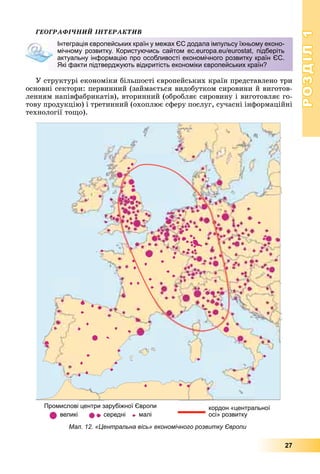 РОЗДІЛРОЗДІЛ11
27
ÃÅÎÃÐÀÔІ×ÍÈÉ ІÍÒÅÐÀÊÒÈÂ
Ó ñòðóêòóðі åêîíîìіêè áіëüøîñòі єâðîïåéñüêèõ êðàїí ïðåäñòàâëåíî òðè
îñíîâíі ñåêòîðè: ïåðâèííèé (çàéìàєòüñÿ âèäîáóòêîì ñèðîâèíè é âèãîòîâ-
ëåííÿì íàïіâôàáðèêàòіâ), âòîðèííèé (îáðîáëÿє ñèðîâèíó і âèãîòîâëÿє ãî-
òîâó ïðîäóêöіþ) і òðåòèííèé (îõîïëþє ñôåðó ïîñëóã, ñó÷àñíі іíôîðìàöіéíі
òåõíîëîãії òîùî).
великі середні малі
кордон «центральної
осі» розвитку
Промислові центри зарубіжної Європи
Інтеграція європейських країн у межах ЄС додала імпульсу їхньому еконо-
мічному розвитку. Користуючись сайтом ec.europa.eu/eurostat, підберіть
актуальну інформацію про особливості економічного розвитку країн ЄС.
Які факти підтверджують відкритість економіки європейських країн?
 