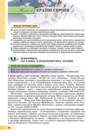 РОЗДІЛРОЗДІЛ11
36
ÊÐÀЇÍÈ ЄÂÐÎÏÈ
знати основні показники, які визначають місце країн Європи в регіоні й світі; до-
мінуючі складники секторів європейських країн;
уміти складати комплексну економіко-географічну характеристику Німеччини,и
Франції, Великої Британії, Італії, Польщі, Білорусі, Росії; картосхему просторової
організації економіки цих країн;організації економіки цих країн;
показувати на карті найбільші міста зазначених країн, світові міста, промислові
райони, найбільші морські порти, аеропорти, їхні фінансові й туристичні центри;
використовувати тематичні карти для обґрунтування особливостей системии
розселення і розміщення виробництва товарів і послуг у межах кожної з країн;
обґрунтовувати особливості експорту й імпорту товарів і послуг країн Європи;
прогнозувати перспективи розширення економічних зв’язків України з країнами
Європи в межах Угоди про асоціацію між Україною та Європейським Союзом.
ÍІÌÅ××ÈÍÀ:
ÇÀÃÀËÜÍÀ ÕÀÐÀÊÒÅÐÈÑÒÈÊÀ ÊÐÀЇÍÈ
 Місце країни у світі та регіоні. Îôіöіéíà íàçâà êðàїíè – Ôåäåðàòèâíà Ðåñ-
ïóáëіêà Íіìå÷÷èíà, ïëîùà – 357,04 òèñ. êì2
, íàñåëåííÿ – ïîíàä 82 ìëí
îñіá. Íіìå÷÷èíó íàçèâàþòü єâðîïåéñüêèì âåëåòíåì і íå ëèøå çà åêîíîìі÷-
íèìè ïîêàçíèêàìè, à é çà ãåîãðàôі÷íèìè îñîáëèâîñòÿìè. Òàê, çà ïëîùåþ
âîíà ïåðåáóâàє íà øîñòîìó ìіñöі â Єâðîïі ïіñëÿ Ðîñії, Óêðàїíè, Ôðàíöії,
Іñïàíії òà Øâåöії. Çà êіëüêіñòþ íàñåëåííÿ ïîñіäàє ïåðøå ìіñöå ñåðåä êðàїí
Çàõіäíîї Єâðîïè і äðóãå – ñåðåä óñіõ єâðîïåéñüêèõ äåðæàâ. À її ñåðåäíÿ
ãóñòîòà íàñåëåííÿ є îäíієþ ç íàéâèùèõ ó Єâðîïі і ñòàíîâèòü 233 îñîáè/êì2
.
Íіìå÷÷èíà – ïàðëàìåíòñüêà ðåñïóáëіêà çà ôîðìîþ ïðàâëіííÿ і ôåäåðà-
òèâíà äåðæàâà çà ôîðìîþ äåðæàâíîãî óñòðîþ. Âîíà ïîäіëÿєòüñÿ íà 16 ôå-
äåðàëüíèõ çåìåëü (ìàë. 16). Íàéáіëüøîþ іç çåìåëü є Áàâàðіÿ, à íàé-
çàñåëåíіøîþ – Ïіâíі÷íèé Ðåéí-Âåñòôàëіÿ. Òðè іç øіñòíàäöÿòè çåìåëü є
ôàêòè÷íî ìіñòàìè. Öå ñòîëèöÿ ÔÐÍ Áåðëіí, ïіâíі÷íå ïîðòîâå ìіñòî Ãàì-
áóðã і ïðîìèñëîâå ìіñòî Áðåìåí. Íіìå÷÷èíà є îäíèì ç іíіöіàòîðіâ ñòâîðåí-
íÿ ЄÑ, ÷ëåíîì ÍÀÒÎ é ÎÎÍ.
Íіìå÷÷èíà ðîçìіùóєòüñÿ íà ñõîäі Çàõіäíîї Єâðîïè â îòî÷åííі äîáðå ðîç-
âèíåíèõ єâðîïåéñüêèõ êðàїí – її åêîíîìі÷íèõ і ïîëіòè÷íèõ ïàðòíåðіâ. Íà
ïіâíî÷і âîíà ìåæóє ç Äàíієþ, íà ñõîäі її ñóñіäêîþ є Ïîëüùà, íà ïіâäåííîìó
ñõîäі ìàє ïðîòÿæíі êîðäîíè іç ×åõієþ, íà ïіâäíі ÔÐÍ ìàє ñïіëüíі êîðäîíè
ç Àâñòðієþ і Øâåéöàðієþ, íà çàõîäі – ç Ôðàíöієþ, à íà ïіâíі÷íîìó çàõîäі –
ç êðàїíàìè Áåíіëþêñó. Îêðіì òîãî, íà ïіâíî÷і òåðèòîðіÿ Íіìå÷÷èíè âèõî-
äèòü äî Ïіâíі÷íîãî і Áàëòіéñüêîãî ìîðіâ.
§ 9.
До якого європейського субрегіону належить Німеччина?
До якої групи країн за рівнем економічного розвитку належить Німеччина?
 
