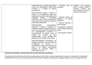 socioambientais, com vistas à percepção
crítica das necessidades criadas pelo
consumo e à adoção de hábitos
sustentáveis.
(EM13CHS305) Analisar e discutir o
papel e as competências legais dos
organismos nacionais e internacionais de
regulação, controle e fiscalização
ambiental e dos acordos internacionais
para a promoção e a garantia de práticas
ambientais sustentáveis.
(EM13CHS306) Contextualizar,
comparar e avaliar os impactos de
diferentes modelos socioeconômicos no
uso dos recursos naturais e na promoção
da sustentabilidade econômica e
socioambiental do planeta (como a
adoção dos sistemas da agro
biodiversidade e agro florestal por
diferentes comunidades, entre outros).
(EM13CHSA308RS) Compreender as
relações intrínsecas entre os elementos
constituintes do cosmos e o
protagonismo humano nas fronteiras da
ética e da bioética concentrando
esforços na promoção, defesa e
continuidade da vida.
– Principais tipos de
migrações
– Principais fatores de
repulsão e de atração
migratórias
– Políticas restritivas X
livre circulação
– Assimilação e Exotismo
– Movimentos migratórios
atuais
– As migrações no Brasil
Elaborar uma pesquisa
sobre a bioética animal e
conhecer produtos que
fazem testes em animais e
produtos não testados.
Propostas de Avaliação e Acompanhamento do desenvolvimento (avaliação):
A avaliação deverá desenvolver-se através da participação em sala de aula, interesse, organização e empenho, comportamento, pontualidade
e assiduidade. Entre os instrumentos avaliativos serão realizados: relatórios; aulas práticas; pesquisas avaliativas; provas e testes bimestrais.
 