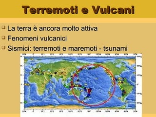 Terremoti e VulcaniTerremoti e Vulcani
 La terra è ancora molto attivaLa terra è ancora molto attiva
 Fenomeni vulcaniciFenomeni vulcanici
 Sismici: terremoti e maremoti - tsunamiSismici: terremoti e maremoti - tsunami
 