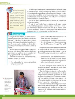 Exploremos
ΕΕ Las comunidades
coras, como
las de muchos
otros pueblos
indígenas,
viven en
condiciones muy
desfavorables
para su
desarrollo.
✥Undatointeresante
El tequio es una forma
detrabajocomunitario
creado en la época prehispá-
nica que aún se practica en
algunas poblaciones rurales.
Consisteenquelacomunidad
realicejornadasdetrabajogra-
tuitas para el mantenimiento
ylaconstruccióndeobraspú-
blicas, como calles, iglesias o
clínicas.
Enparejas,observenelmapaylagráficadePrinci-
paleslenguasindígenasdesuAtlasdeMéxico,en
lapágina33.Anotenensucuaderno,enformade
lista,las10lenguasmáshabladas.Después,escri-
banaladerechacadaentidadendondesehablan
yresaltenconcolorlastresentidadesquemásse
repitan.
AhoraobservenelmapadePoblacióndehabla
indígenaenlapágina32desuAtlasdeMéxico
y anoten en su cuaderno los tres estados con
mayor población de estos hablantes.
Tomando en cuenta los mapas anteriores,
respondan en su cuaderno:
•• ¿En qué estado hay mayor variedad de
lenguas indígenas?
•• ¿En qué estado hay mayor población que
habla una lengua indígena?
•• ¿Coincidieron los estados que uste-
des identificaron en el cuadro con los
que identificaron en el mapa? ¿Por qué?
Comparen el mapa de Población de habla
indígena con el de Alfabetización, página 30,
y el de Grado de escolaridad, página 31 de su
Atlas de México y respondan en su cuaderno:
•• ¿Cuáles de las tres entidades con ma-
yor población de habla indígena tienen
menor alfabetismo y menor instrucción
al terminar educación primaria?
En grupo, platiquen sobre qué les dice la
informaciónanterioracercadelascondiciones
de vida de los pueblos indígenas.
Pueden buscar imágenes e información
sobre las características de aquellos pueblos
indígenas de nuestro país que tienen las cinco
lenguas más habladas y las tres menos habla-
das. Tráiganlas a la escuela. Las imágenes y la
informaciónpuedensersobretrajes,alimentos
típicos, tradiciones y costumbres.
Ensumayoría,lospueblosindígenasvivenen
zonasrurales,practicanlaagricultura,laganadería
y el aprovechamiento de los bosques, pero son
los grupos de población más marginados de
nuestro país.
En nuestro país se reconocen más de 60 pueblos indígenas, todos
con lengua propia, tradiciones muy particulares y una distribución
territorialvariada,pueshabitanenlasselvas,enlosbosquesoenlas
regiones desérticas. Están concentrados sobretodoenelsur,sureste
ycentrodelpaís,aunquehayalgunosen el norte, como los rarámuris
(tarahumaras) y los o’odham (pimas).
¿Cuáles son los pueblos indígenas que habitan en tu entidad y
qué lenguas hablan?
Al final de esta lección hagan una estampa de algún pueblo
indígena del país; para ello es necesario que comiencen a investi-
gar acerca de las manifestaciones culturales de los pueblos, tales
como su vestimenta, alimentación, fiestas y rituales. Registren sus
hallazgos, pues los van a utilizar al concluir la lección.
IIIBloqueBloque
108
GEO-4-P.indb 108 06/11/15 16:22
 
