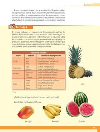 Actividad
Paraunacorrectaalimentaciónserequierenlosdiferentesproduc-
tosagrícolasqueacabasdever.Loscereales,transformadosenpan,
sopas o tortillas, te proporcionan energía; las leguminosas, por su
contenidodeproteínas,contribuyenatucrecimiento;lashortalizas
y las frutas te proporcionan agua, azúcares, minerales y vitaminas.
En grupo, elaboren un mapa mural de producción agrícola de
México. Para ello formen cuatro equipos: cada uno elegirá un
grupo de alimentos agrícolas e identificará en la siguiente tabla
las entidades que tienen mayor producción de ese grupo y los
productos que más cultivan. Dibujen en una hoja un símbolo que
represente cada uno de los productos y recórtenlos. Coloquen sus
ilustraciones en las entidades correspondientes.
Piña
PlátanoMango Sandía
¿Cuáles de estos productos consumes más?, ¿por qué?
Coméntalo con tus compañeros.
* Inegi.
Producción agrícola*
Grupos Producto Entidadesconmayorproducción
Cereales
Maíz
Trigo
Arroz
Jalisco,Veracruz, Chihuahua,
Sonora, Guanajuato, Baja California
Campeche,Veracruz, Morelos
Leguminosas
Frijol
Garbanzo
Zacatecas, Durango, Sinaloa
Sinaloa, Sonora, Baja California Sur
Hortalizas
Tomate rojo
Papa
Chile verde
Sinaloa, Baja California, Michoacán
Sinaloa, Sonora, Estado de México
Sinaloa, Chihuahua, Zacatecas
Frutas
Naranja
Limón
Plátano
Mango
Veracruz,Tamaulipas, San Luis Potosí
Colima, Michoacán,Veracruz
Chiapas,Tabasco,Veracruz
Sinaloa, Guerrero, Nayarit
121
Lección 1
GEOGRAFIA-4-P-114-147*.indd 121 24/10/17 19:20
 
