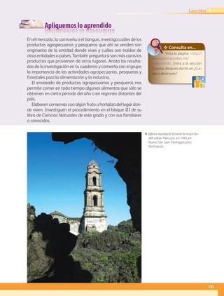 Apliquemos lo aprendido
ΕΕ Iglesia sepultada durante la erupción
del volcán Paricutín, en 1943, en
Nuevo San Juan Parangaricutiro,
Michoacán.
✥ Consulta en...
Visita la página http://
www.paismaravillas.mx/
index.html. Entra a la sección
Conoce, después da clic en ¿Cui-
das o destruyes?
En el mercado, la carnicería o el tianguis, investiga cuáles de los
productos agropecuarios y pesqueros que ahí se venden son
originarios de la entidad donde vives y cuáles son traídos de
otras entidades o países. También pregunta si son más caros los
productos que provienen de otros lugares. Anota los resulta­
dos de la investigación en tu cuaderno y comenta con el grupo
la importancia de las actividades agropecuarias, pesqueras y
forestales para la alimentación y la industria.
El envasado de productos agropecuarios y pesqueros nos
permite comer en todo tiempo algunos alimentos que sólo se
obtienen en cierto periodo del año o en regiones distantes del
país.
Elaboren conservas con algún fruto u hortaliza del lugar don­
de viven. Investiguen el procedimiento en el bloque III de su
libro de Ciencias Naturales de este grado y con sus familiares
o conocidos.
125
Lección 1
GEO-4-P-114-147.indd 125 24/01/17 10:42
 