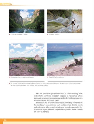 ΕΕ De acuerdo con la Organización Mundial de Turismo, los principales destinos turísticos de México, que captan cerca de 60%
del flujo turístico extranjero, son Quintana Roo,Yucatán y Chiapas.
 
Muchas personas que se dedican a la construcción y a las
actividades turísticas no saben respetar la naturaleza y han
destruidoocontaminadoecosistemasdondehabitabanespecies
representativas de nuestro país.
El ecoturismo o turismo ecológico permite y fomenta en
los turistas un conocimiento y un contacto más directo con la
naturaleza, no sólo para admirarla, sino también para entender
su dinámica y reconocer su importancia para la calidad de vida
en todo el planeta.
 
ΕΕ Cañón del Sumidero, Chiapas.
ΕΕ Zona arqueológica maya Uxmal,Yucatán.
ΕΕ Tacotalpa, Tabasco.
ΕΕ Playa del Caribe mexicano.
IVBloque
138
GEOGRAFIA-4-P-114-147*.indd 138 24/10/17 18:28
 
