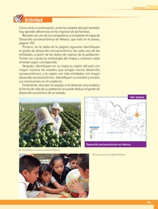 Actividad
ΕΕ Campesino en el área central de México.
ΕΕ Escuela en la Ciudad de México.
Como verás a continuación, entre los estados del país también
hay grandes diferencias en los ingresos de las familias.
Reúnete con uno de tus compañeros y completen el mapa de
Desarrollo socioeconómico en México, que está en el anexo,
página 193.
Primero, en la tabla de la página siguiente identifiquen
el grado de desarrollo socioeconómico de cada una de las
entidades, a partir de los datos de ingreso de la población.
Tomen en cuenta la simbología del mapa y coloreen cada
entidad según corresponda.
Después, identifiquen en su mapa la región del país con
mayor número de estados que tengan menor desarrollo
socioeconómico, y la región con más entidades con mayor
desarrollo socioeconómico. Identifiquen su entidad y anoten
sus conclusiones en el cuaderno.
Finalmente, discutan en equipo si al observar una ciudad y
la forma de vida de su población se puede deducir el grado de
desarrollo económico de un estado.
O c é a n o P a c í ﬁ c o
Golfo de
México
ESTADOS UNIDOS
23° 27’
30°
25°
20°
15°
115° 110° 105° 100° 95° 90°
Golfo
deCalifornia
Trópico de Cáncer
S i m b o l o g í a
Grado de desarrollo
socioeconómico
Muy alto
Alto
Medio alto
Medio
Medio bajo
Bajo
Muy bajo
Río
Bravo
Desarrollo socioeconómico en México
Ver anexo
143
Lección 4
GEOGRAFIA-4-P-114-147*.indd 143 24/10/17 18:29
 
