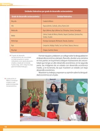 Formenequiposyelaborenuncollagesobreladesigualdaden
eldesarrolloeconómico del país. Para ello, dividan una cartulina
en tres partes: en la primera coloquen ilustraciones de una en-
tidad que tenga un alto desarrollo económico; en la segunda
parte, las imágenes de un estado con desarrollo económico
medio, y en la tercera, las que muestren un estado con bajo
desarrollo económico.
Muestren su trabajo y expresen su opinión sobre la desigual-
dad económica en el país.
ΕΕ El grado de desarrollo
socioeconómico de una entidad
se mide tomando en cuenta
indicadores como salud, educación,
empleo y estado de la vivienda.
Fuente: Inegi, 2013 http://sc.inegi.
gob.mx/niveles/index.jsp.
ΕΕ La educación en
México contribuye
a lograr un alto
grado de desarrollo
socioeconómico.
Entidades federativas por grado de desarrollo socioeconómico
Grado de desarrollo socioeconómico Entidad federativa
Muy alto Ciudad de México
Alto Aguascalientes, Coahuila, Jalisco, Nuevo León
Medio alto Baja California, Baja California Sur, Chihuahua, Sonora,Tamaulipas
Medio
Colima, Estado de México, Morelos, Nayarit, Querétaro, Quintana Roo,
Sinaloa,Yucatán
Medio bajo Durango, Guanajuato, Michoacán,Tlaxcala, Zacatecas
Bajo Campeche, Hidalgo, Puebla, San Luis Potosí,Tabasco,Veracruz
Muy bajo Chiapas, Guerrero, Oaxaca
IVBloque
144
GEOGRAFIA-4-P-114-147*.indd 144 24/10/17 18:29
 